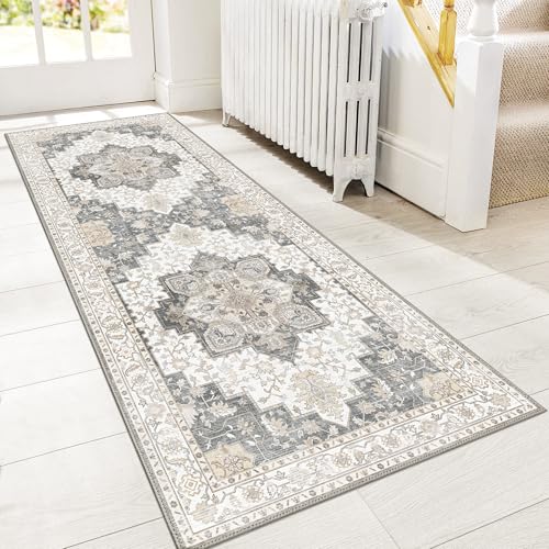 GENIMO 2x10 Runner Rugs for Hallway, Machine Washable Non Slip Vintage Rugs, Low Pile Lightweight Soft Print Rug for enrtyway, Corridor, Home Office, Kitchen, Heathered Grey