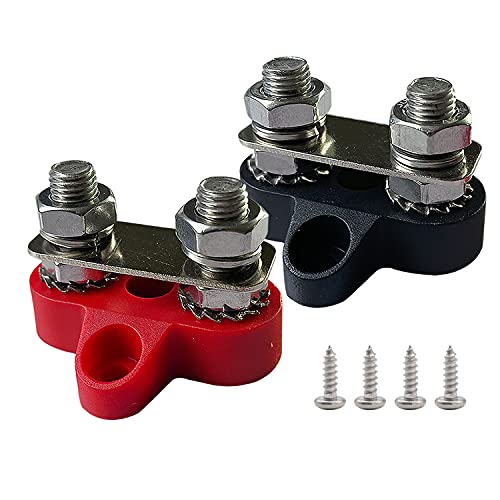 Ampper 5/16" Dual Studs Battery Junction Post, Heavy Duty 2 Studs Bus Bar Power and Ground Junction Block Distribution Terminal Kit, Pack of 2 (Red and Black)