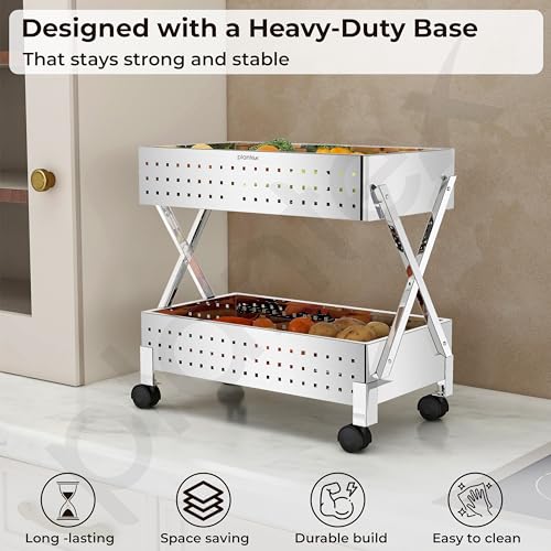 Image of Plantex 2-Tier Vegetable Stand /Onion Potato Rack for Kitchen Trolley /Vegetable Organizer Rack /Stainless Steel Space Saving Organizer Basket Stand /Heavy Duty Rolling Utility Cart-(Chrome)