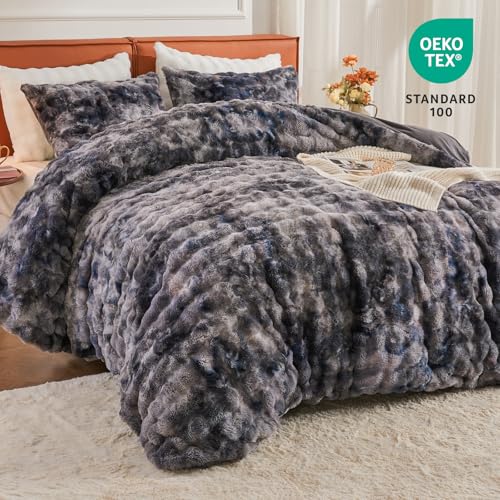 Image of EMME Faux Fur Duvet Cover King Size, 3 Pieces Ultra Soft Fluffy Comforter Cover, Cozy Warm for Winter, Luxury Shaggy Bubble Design Bedding, 1 Duvet Cover & 2 Pillow Shams (King, Tie Dye Dark Grey)