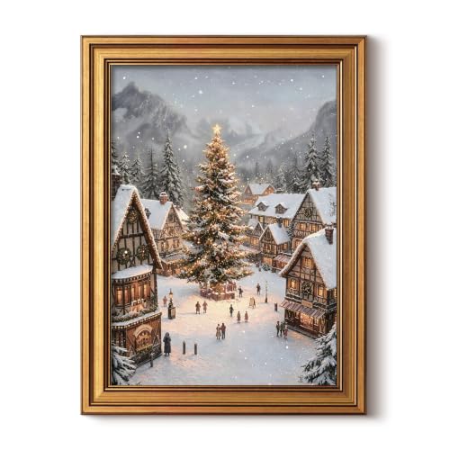 HUARCEY Gold Framed Canvas Wall Art, Christmas Winter Village Art, 12x16 In