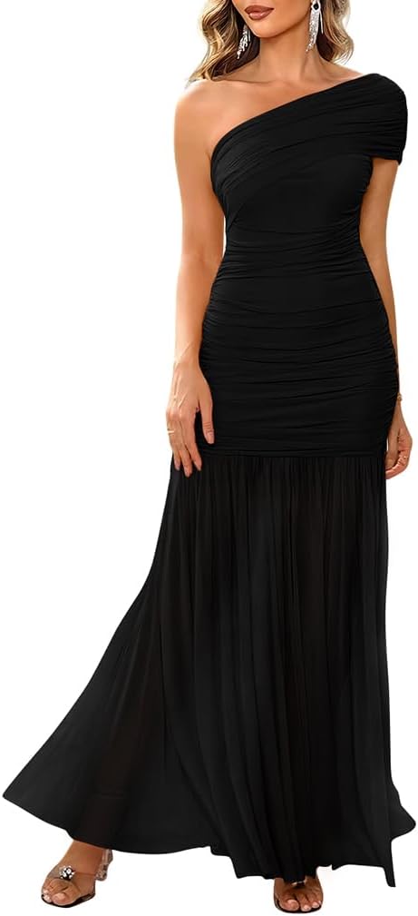 LAGSHIAN Women's Elegant Formal Long Dress One Shoulder Sleeveless Ruched Bodycon Evening Dress