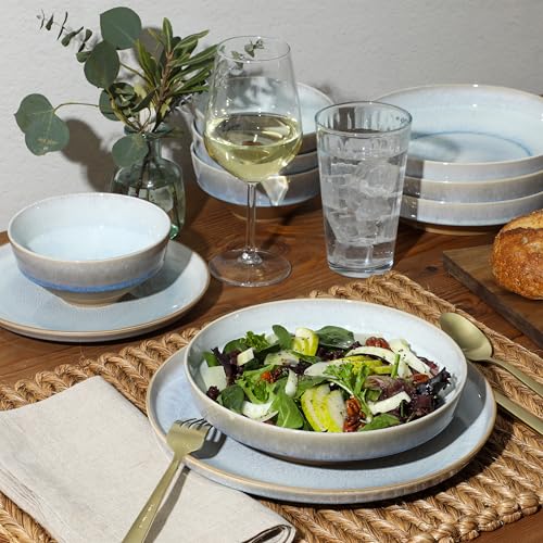 Image of Gibson Elite Hailstone 16 Piece Stoneware Reactive Glaze (Service for 4) Ceramic Plates and Bowls Dinnerware Set - Moon Blue