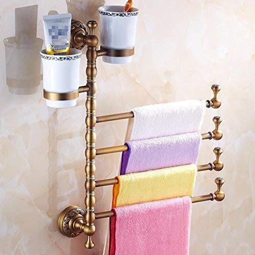 Porte-serviettes mural rétro en cuivre avec tasses et 4 barres pivotantes amovibles