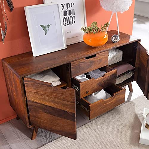 Image of SHIKHA WOOD CRAFT Solid Sheesham Wood Sideboard Cabinet with 3 Drawers and 2 Doors Storage | Multipurpose Wooden Cupboard Furniture for Living Room, Bedroom, Hotel, and Kitchen (Natural Finish)