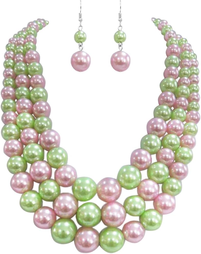 Rosemarie & Jubalee Women’s 3 Colorful Multi Strands Simulated Pearl Necklace And Earrings Jewelry Gift Set, 18″+3″ Extender