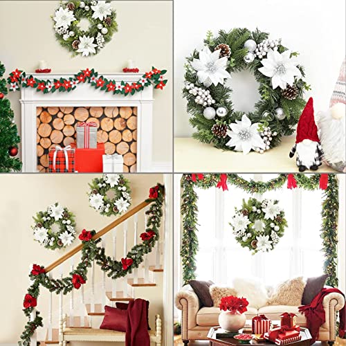 GAOMON 16 Inch Artificial Xmas Wreath with Silver Flower Berries and Pine Cones Ornaments, Christmas Wreath for Door Wall Window Fireplace Decoration, Silver