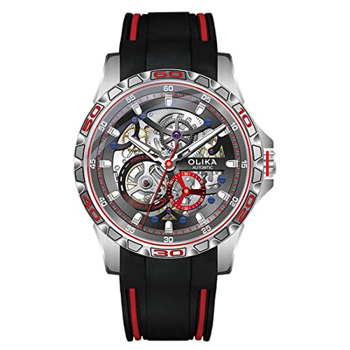 RPYENYOT Montres De Sport Mécaniques Automatiques pour Hommes, Montre Mécanique Étanche Lumineuse Squelette Mode, Montres pour Motards (Cadeau),Silver Case Red