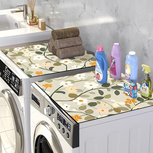 Image of Yellow Weaves Washer & Dryer Cover for Top, 60 x 60 cm, Washing Machine Top Protector Mat for Kitchen /Laundary Room, Water Absorbing, Dustproof, Scratch Resistant & Non-Slip (Botanical Beige)
