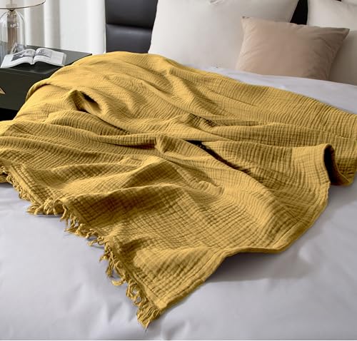 Coperta in mussola di 100% biologico 140 x 152 cm per divano adulti tinta a mano traspirante morbida e leggera per per tutte le stagioni senape cotone giallo