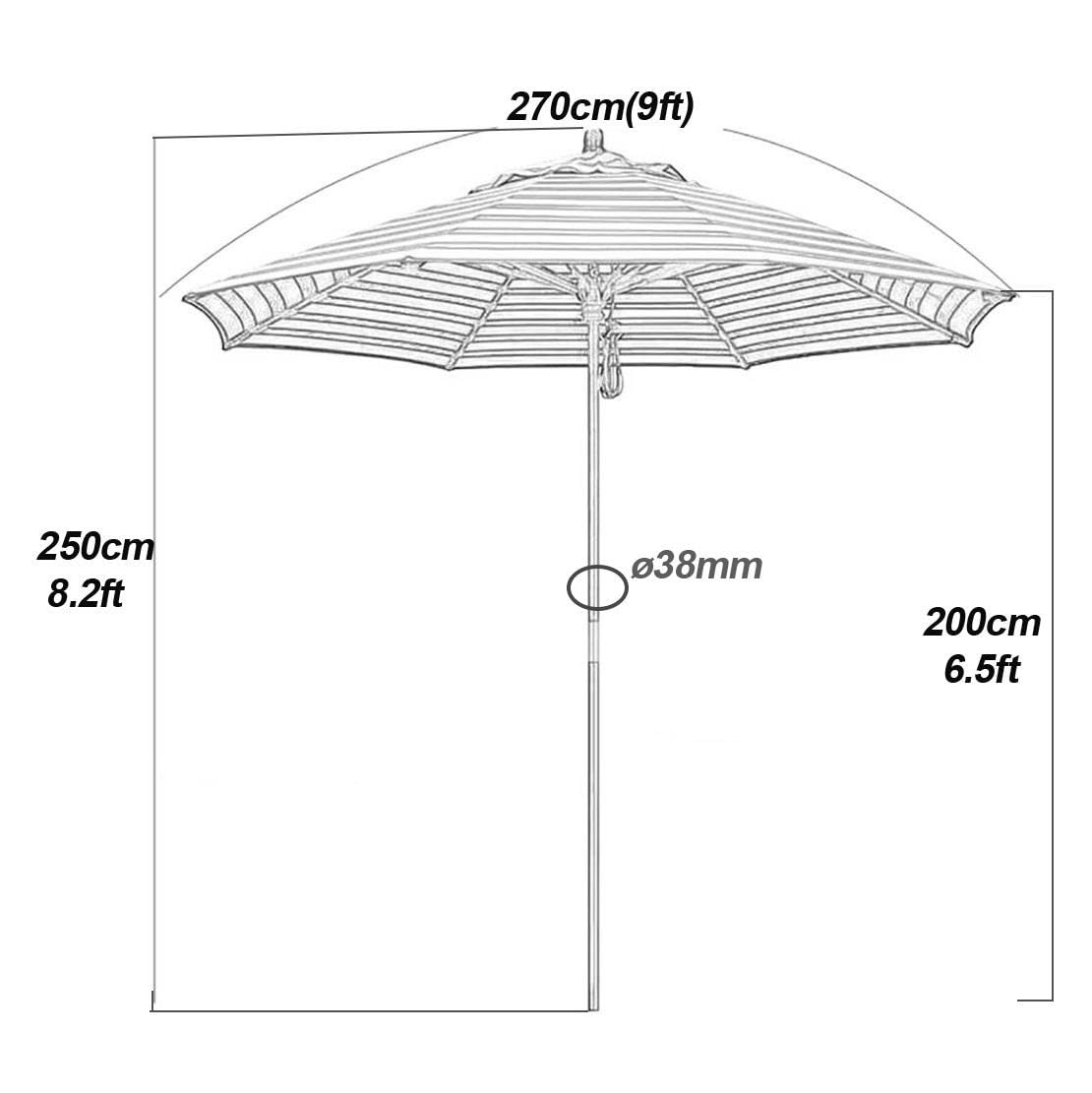 Drewniany parasol ogrodowy o średnicy 270 cm z 8 żebrami, parasol stołowy