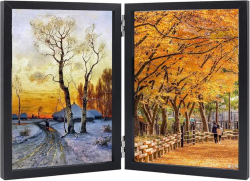 Luoqun88 Double Photo Frame 4x6, Hinged Folding Wood Picture Frame with Glass, Foldable Photo Frame Holds 2 Photos (Vertical or Horizontal), Desktop Family Frame(Black) (Black, 4X6)