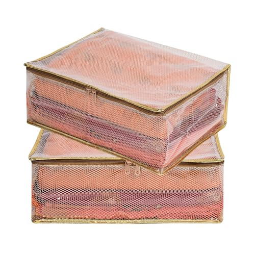 Image of Kuber Industries Pvc Pack Of 4 Saree Cover|Dress Packing Bags With Zip|Saree Pouches For Storage|Clothes Organizer For Wardrobe|Gold Lace|Transparent,30 * 22 Cm