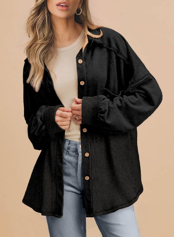 SHEWIN Women's Waffle Knit Button Down Shirts Casual Long Sleeve Shacket Jacket Boyfriend Tops Blouses Loose Fit - Image 2