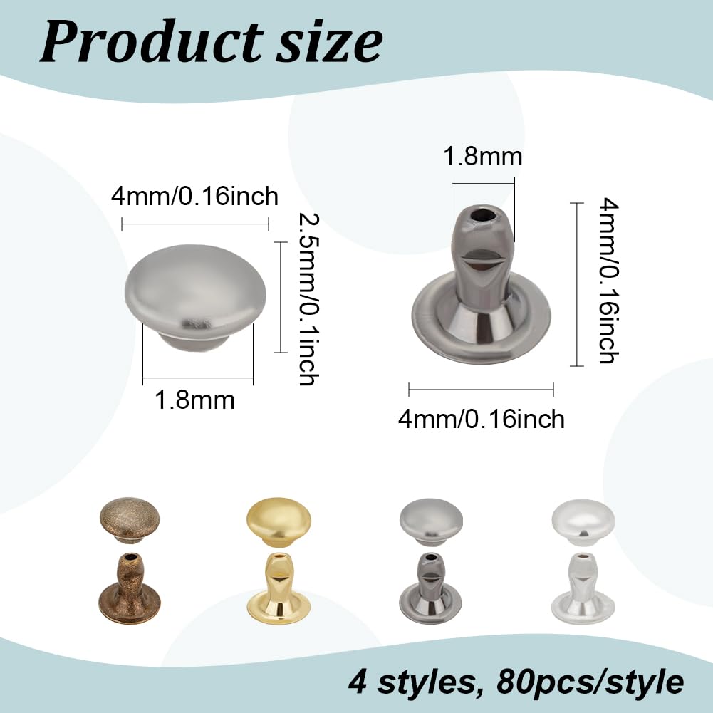 FINGERINSPIRE 320PCS 4mm Tubular Round Cap Leather Rivets Double Cap Rivets Metal Rapid Rivet for Studs Leather Craft Key Fob Clothing Pets Collar Boots (Antique Bronze Golden Gunmetal Platinum) - Image 2