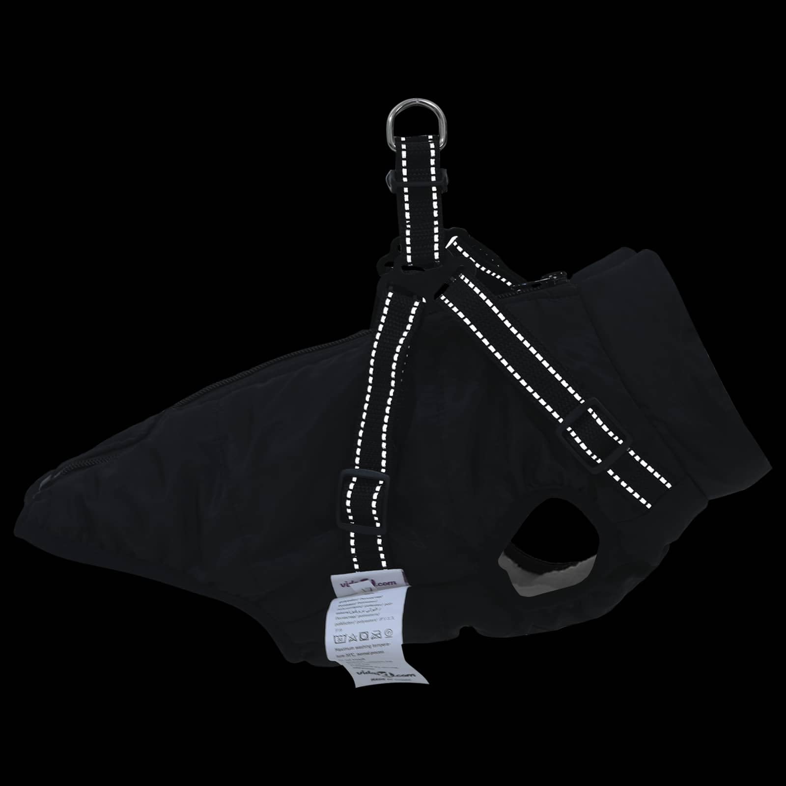 Cappotto per cani nero L28 in pile e poliestere con design riflettente, imbracatura regolabile e doppi anelli a D per protezione dal freddo e dal vento durante le passeggiate all'aperto in