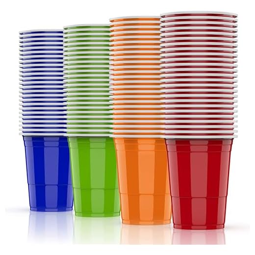 AOLUXLM 100Pcs Copas de Plástico,Tazas 25 Rojas + 25 Azules + 25 Verdes + 25 Naranjas 480ml /16OZ +10 Bolas de Incluir E-Book, Copa repetible Tazas Navidad Cumpleaños Boda