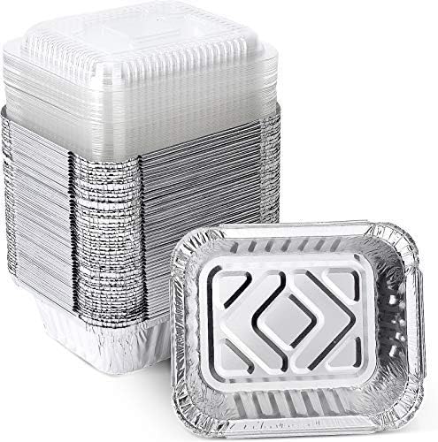 XIAFEI 1LB Aluminum Pans with Clear Lids (50PACK)，Foil Pans - to Go Food Containers，Recyclable Aluminum Foil with Strong Seal for Freshness & Spill Resistance- 5.5"x 4.5"x 1.57"