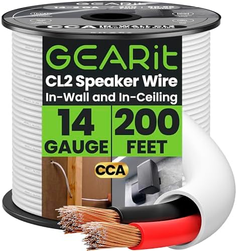 GEARit 14 Gauge in-Wall Speaker Wire 200FT,CL2 Rated 14/2 CCA Wire,White