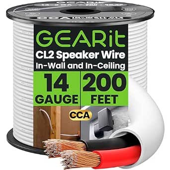 GEARit 14 Gauge Speaker Wire, CL2 Rated 14 Gauge Wire 200ft, Audio Cable with Red/Black Color Coded, Speaker Cable for in-Wall Home Theater, Car Stereo, Commercial Audio Systems, CCA(White)