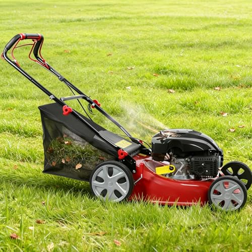 sexaoalx Self Propelled Gas Lawn Mower, Cordless 141cc 4-Stroke Gas Engine Lawn Mower with 20 Inches Blade Walk-Behind Lawn Mover Cordless Push Lawn Mowers Tractors with 50L Grass Tank Big Wheels 285