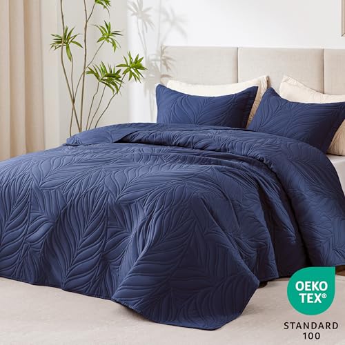 EXQ Home Quilt Set Full Queen Size Navy 3 Piece,Lightweight Soft Coverlet Modern Style Leaf Pattern Bedspread Set(1 Quilt,2 Pillow Shams)