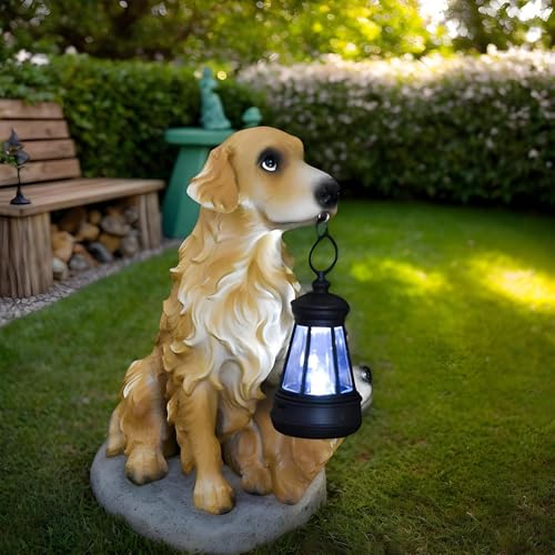 Statue de chien avec lanterne solaire déco jardin extérieur figurines chiots - 4