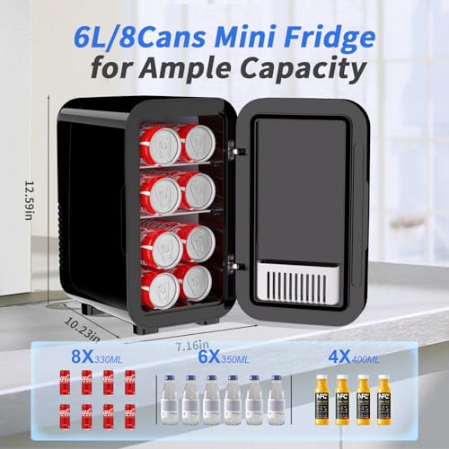 YASHE Mini Fridge, 6 Liter/8 Can 110V AC/DC Portable Thermoelectric Cooler Refrigerators for Bedroom, Skincare, Beverage, Office, Dorm Room and Car, Black