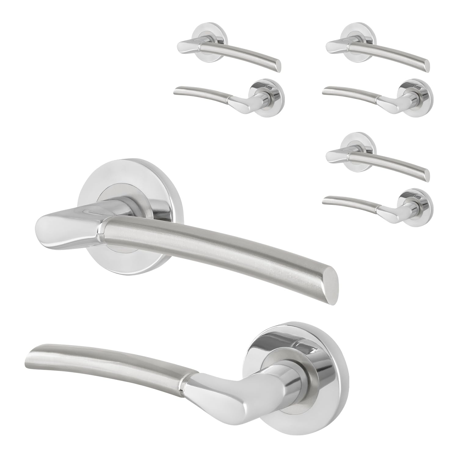 Eai Silver Chrome Door Handle, 4 Pairs Of Internal Lever On Round Rose Polished Chrome And Satin Nickel Handles - Bova