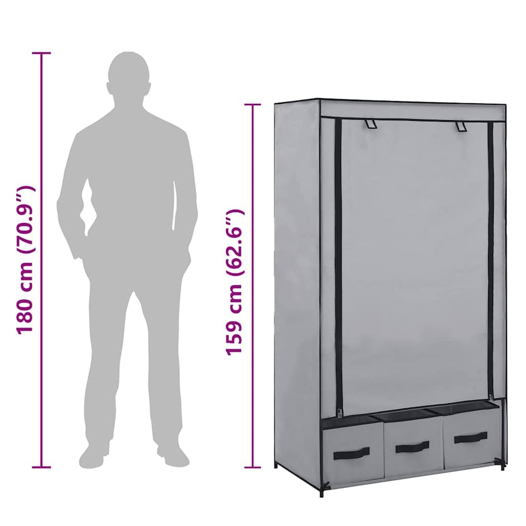 Kleiderschrank Grau 87x49x159 cm Stoffschrank mit 3 Schubladen, Mehrzweckschrank für Schlafzimmer und Kinderzimmer, Wäscheschrank mit Drehtüren, platzsparendes Hängesystem, Robustes Design