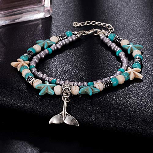 Image of Softones Blue Starfish Turtle Anklet Multilayer Charm Beads Sea Handmade Boho Anklet Foot Jewelry for Women