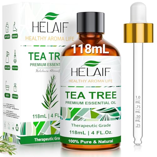 HELAIF Tea Tree Oil Essenziale 118ML-4 FL.Oz Puro e Naturale Non Diluiti Aromatico e Rinfrescante, Può Essere Utilizzato per la Cura dei Capelli, della Pelle, delle Unghie e per le Candele Profumate
