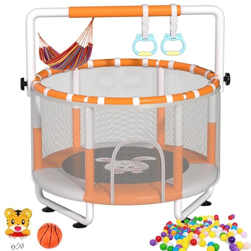 Trampolín de interior para niños – 440 libras de capacidad de red de seguridad y barra de gimnasia sensorial para autismo con accesorios, diversión y tiempo de juego seguro