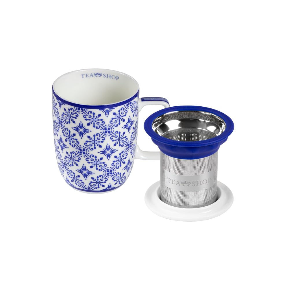 TEA SHOP - Tazza da Tè con filtro e coperchio - Tazza Harmony Azulejo Portoghese - Tazza per Tè e Infusi in Porcellana