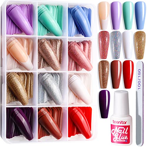 image for Teenitor Long Coffin Press On Nails, Full Cover Color Coffin Nail Tips