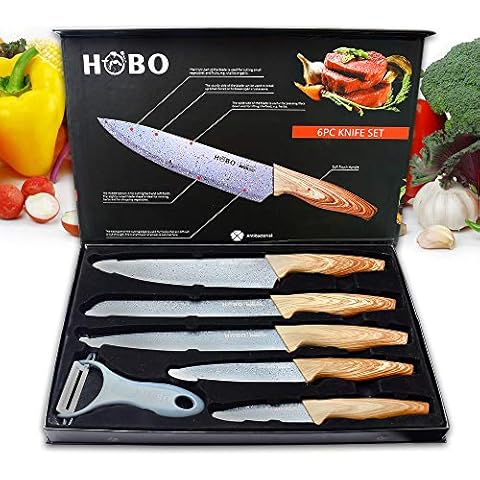 Knife Set, HOBO Professional Kitchen Knife Set, Stainless Steel Finish, Includes Chef Knife, Bread Knife, Carving Knife, Utility Knife and Paring Knife (6 Pieces) Cover