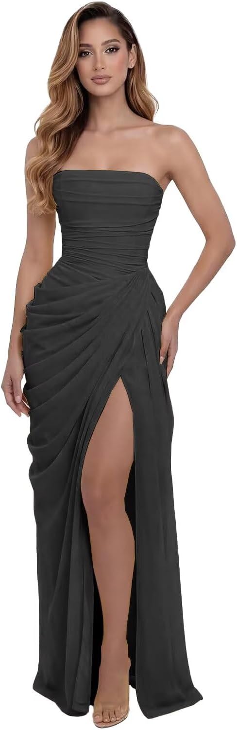 Strapless Chiffon Prom Dresses 2026 Long Corset Pleated Bridesmaid Formal Evening Dress with Slit