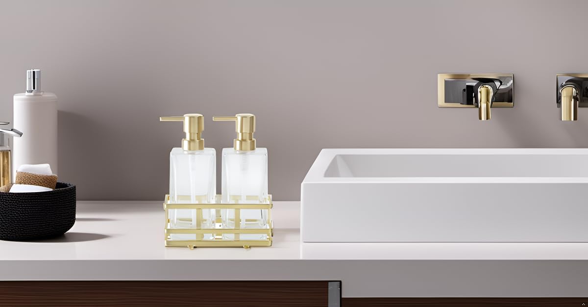 Square Glass Clear Lotion and Soap Pump Dispenser Set with Metal Stand Caddy for Bathroom Bath Kitchen Home Office Travel Hotel Hand Crafted Heavy Weight Brushed Gold - Image 8