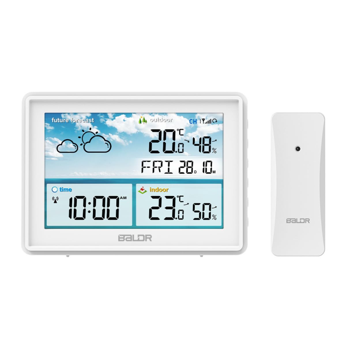 BALDR Wetterstation Innen und Außentemperatur Funk mit Wettervorhersage – Thermometer Innen und Außentemperatur Funk mit Wettervorhersage - Hygrometer Feuchtigkeit Digital mit Außensensor - Weiß