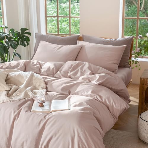 Image of MooMee Duvet Cover Set 100% Washed Cotton Linen Like Twin | Relaxed Linen-like Texture. Soft, Breathable & Long-lasting Comfort. Lightweight. Hidden Zipper with 8 Interior Corner Ties