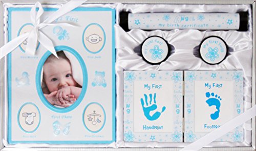 New Baby Boy Christening Gift 5 Piece Set First Frame Tooth Curl Handprint Footprint Kit White Blue