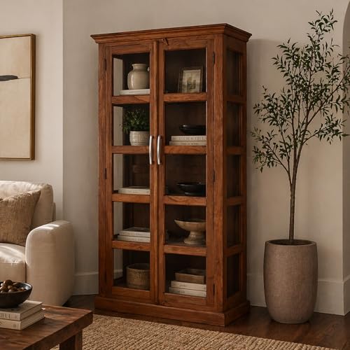 Image of The Attic Havenwood Wooden Bookshelf and Crockery Cabinet with Glass Door | Wooden Book Rack for Home Library, Study Room | Bookshelf Crockery Unit for Home & Kitchen Living Room | Honey Finish