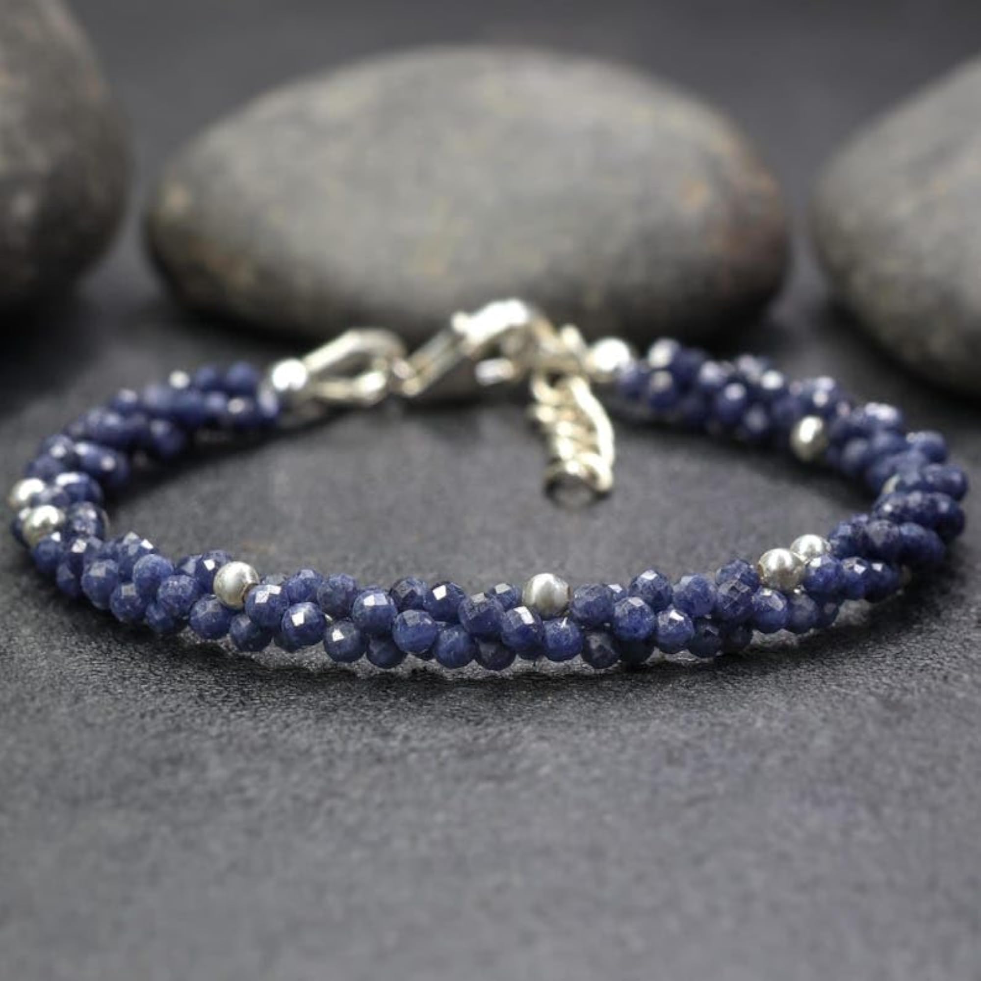 Blue Sapphire Round Faceted Blue Bead Bracelet, Unisex Healing Gift