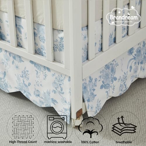 Image of Brandream Scallop Edge Cotton Crib Skirt, Baby Girl, French Country Blue Toile Crib Skirt Toddler Bedskirt Farmhouse Chic Nursery Crib Bed Skirt, Boho Bohemian Vintage Grandmillennial Floral Print