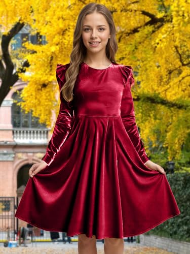 Girls Christmas Dress Velvet Fall Winter Party Dresses Ruffled Long Sleeve Casual with Pockets Princess Outfits2