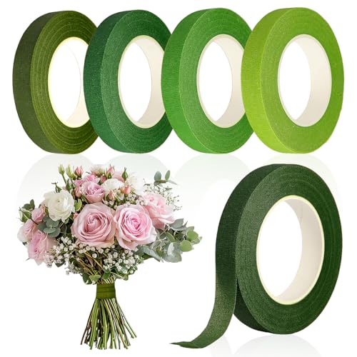 SADOKNS 5 Rollos de Cinta Floral, Cinta Adhesiva Verde para Flores - Hecha en Papel Crepé,5 Tonalidades de Verde (Del Claro al Oscuro) - para Floristería, Arreglos Florales,Envoltura de Tallos y Ramos