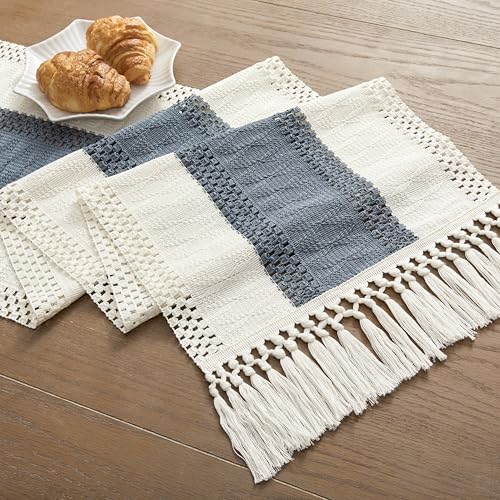 Image of ZeeMart Macrame Style Bicolor Stitching Table Runner, 14 x 72 Inch Navy /Ivory, Boho Navy Blue Table Runners 72 Inches Long, Farmhouse Woven Home Decor
