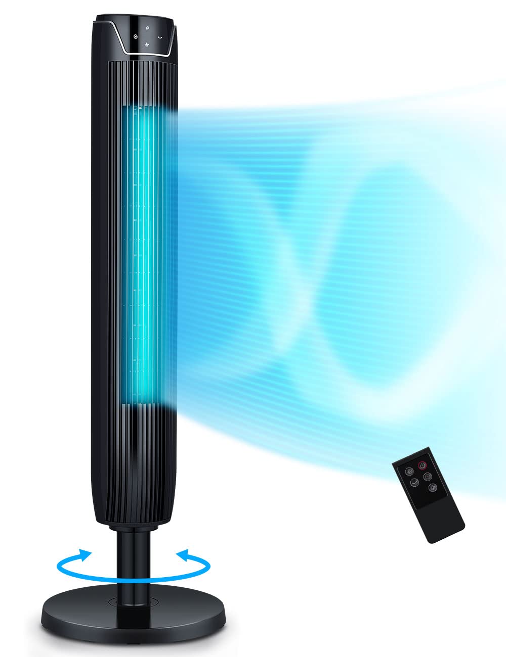 COMIDLEX Tower Fan, 42 Inch Oscillating Cooling Fans with Remote, Quiet Bladeless Floor Powerful Fan, 3 Modes, Buit-in 7Hrs Timer and LED Display, Standing Fans for Bedroom Home Office, Black