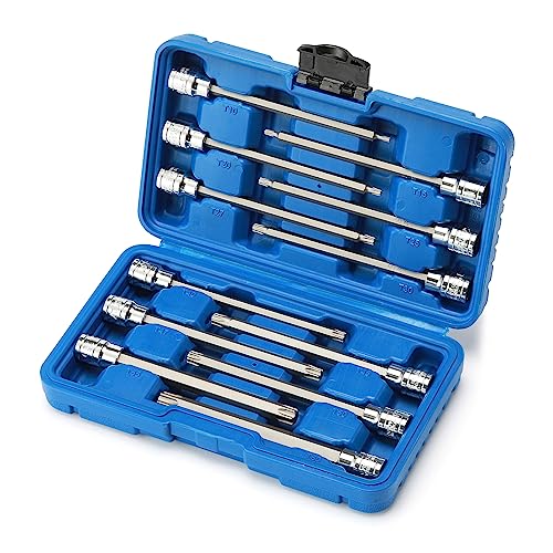 CASOMAN 3/8"Drive Extra Long Torx Bit Socket Set, 12 Piece Torx Star Bit Set, T10 to T60, Length: 150mm, CR-V&S2 Steel 12-piece set