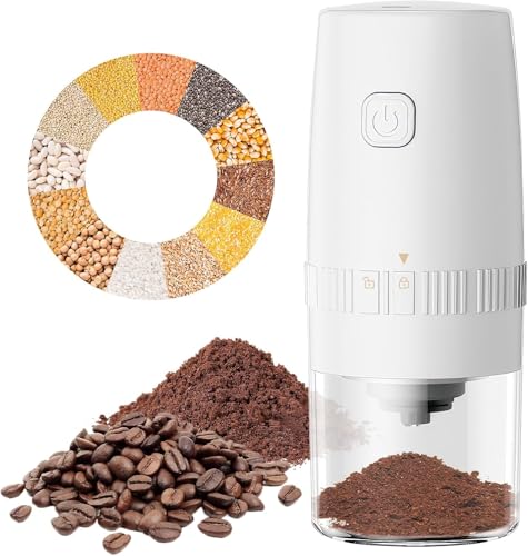 LOTTEDS Molinillo de café eléctrico con núcleo de molienda de cerámica, mini molinillo de granos de café recargable por USB, molinillo eléctrico portátil con múltiples ajustes (blanco)